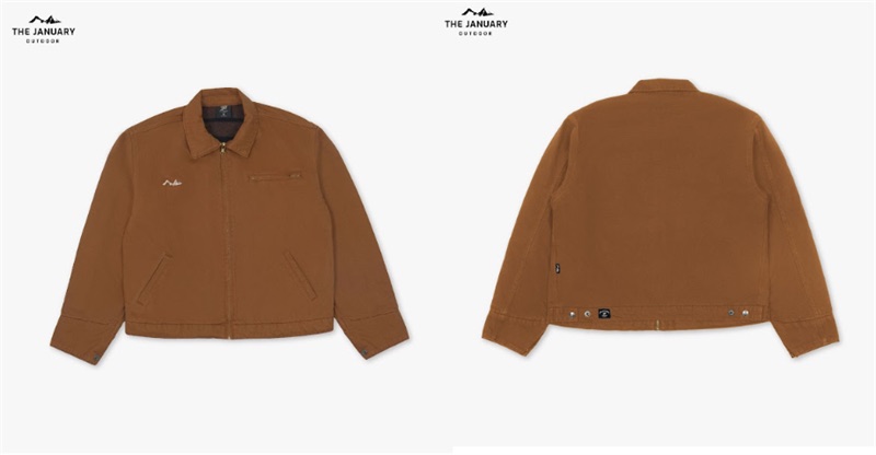 Ảnh ghép áo khoác work jacket màu nâu: mặt trước khoá kéo, cổ bẻ và mặt sau có nút điều chỉnh ở gấu