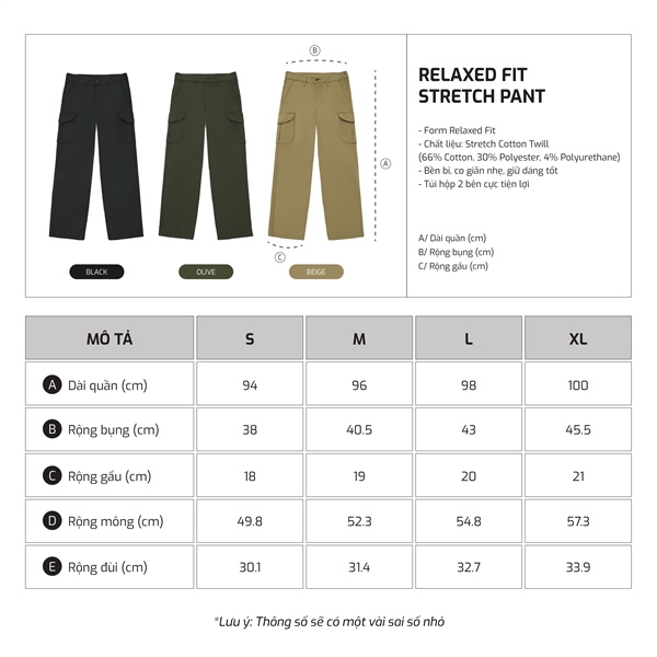 Bảng size TJO Relaxed Fit Stretch Pant