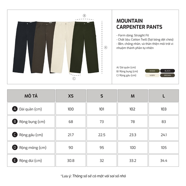 Bảng size TJO Mountain Carpenter Pant