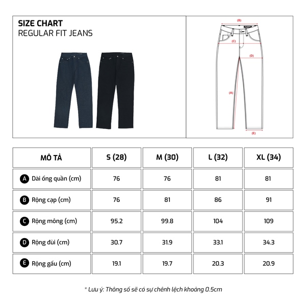 Size chart TJO Regular Fit Jeans
