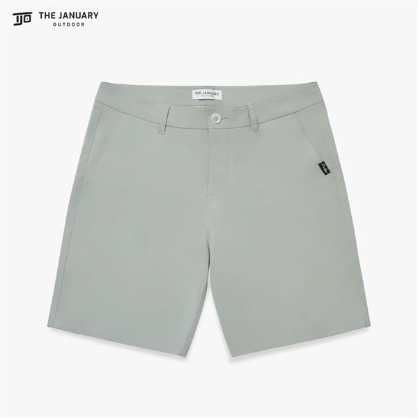 Light grey shorts laid flat on a white background, front view with belt loops and slanted side pockets