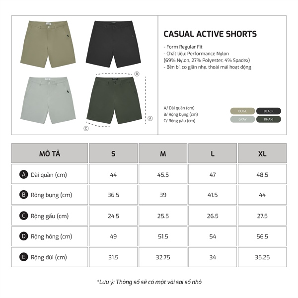 Size chart TJO Casual Active Short