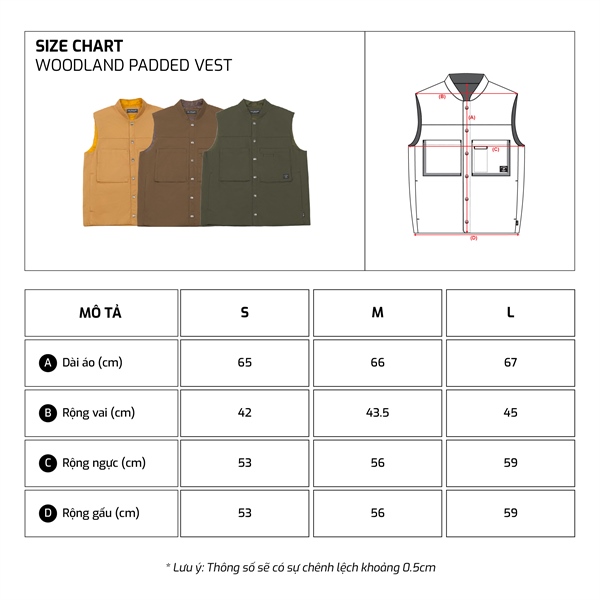 Size chart TJO Woodland Padded Vest