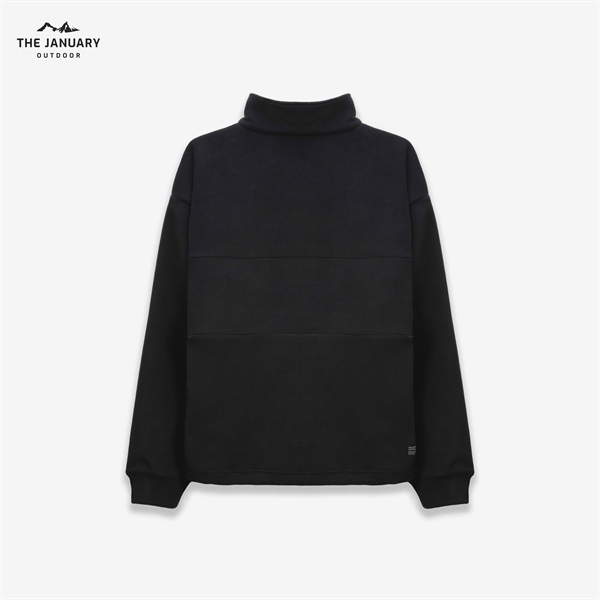 Back view of a black pullover with stand collar, horizontal panel seams and small label near the hem, laid flat on white
