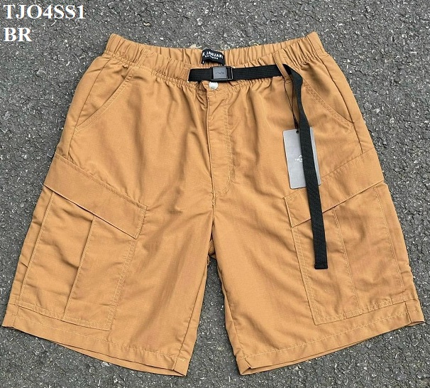 Tan cargo shorts laid flat, front view, elastic waist with black woven buckle belt and side cargo pockets