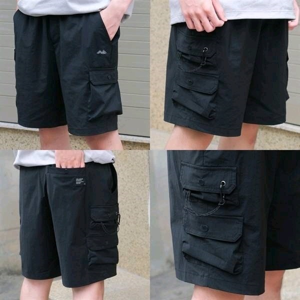 Four-panel collage of black cargo shorts worn on body, close-ups of layered side pockets with cord clip and back patch