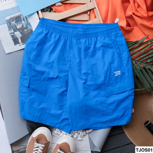 Bright blue cargo shorts laid flat from the front, elastic waist, side cargo pockets and small embroidered logo